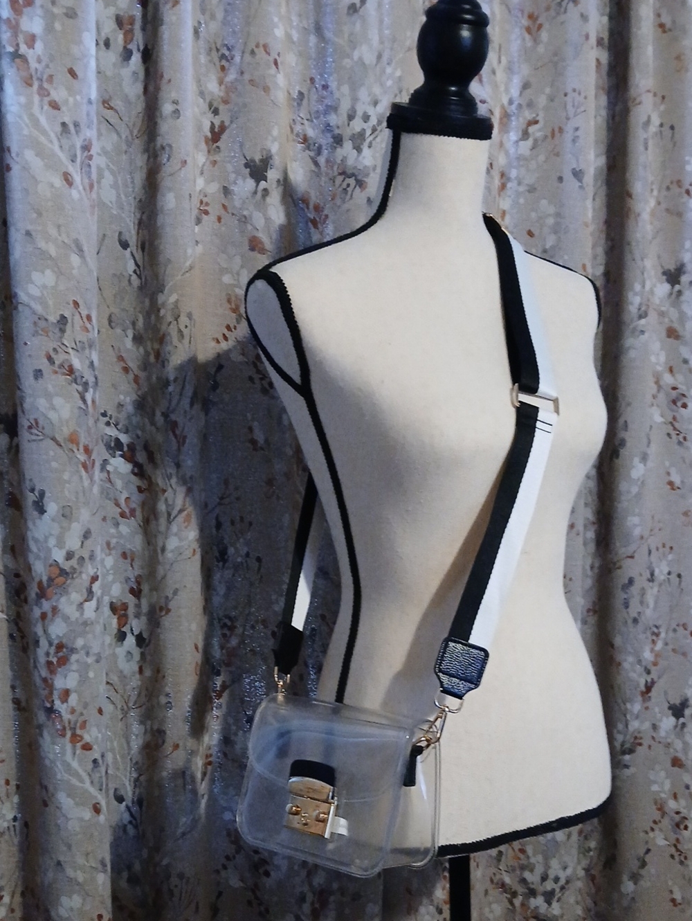 Clear PVC Crossbody Bag with Black & White Stripe Strap
